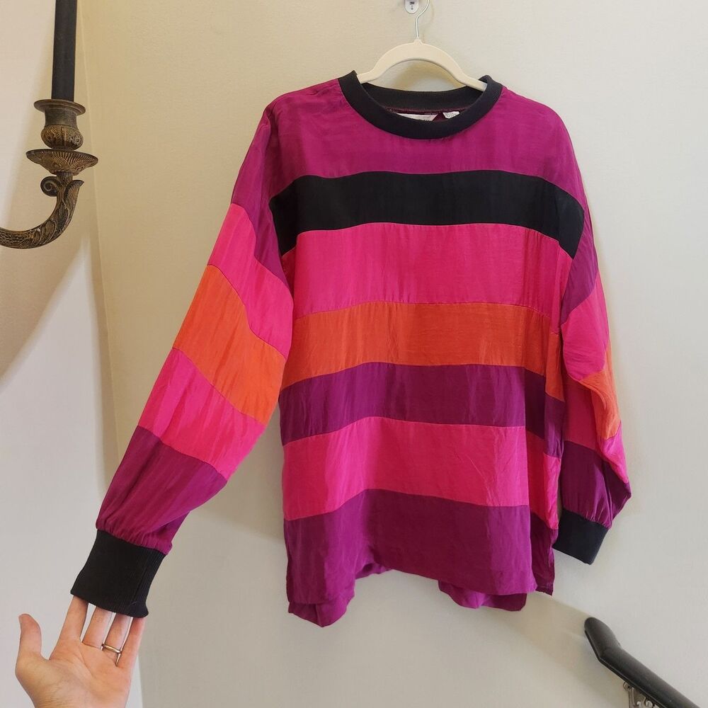 VTG 80s/90s Sunny Leigh 100% Silk Striped Pink Colorblock Hi Lo Oversized Tunic